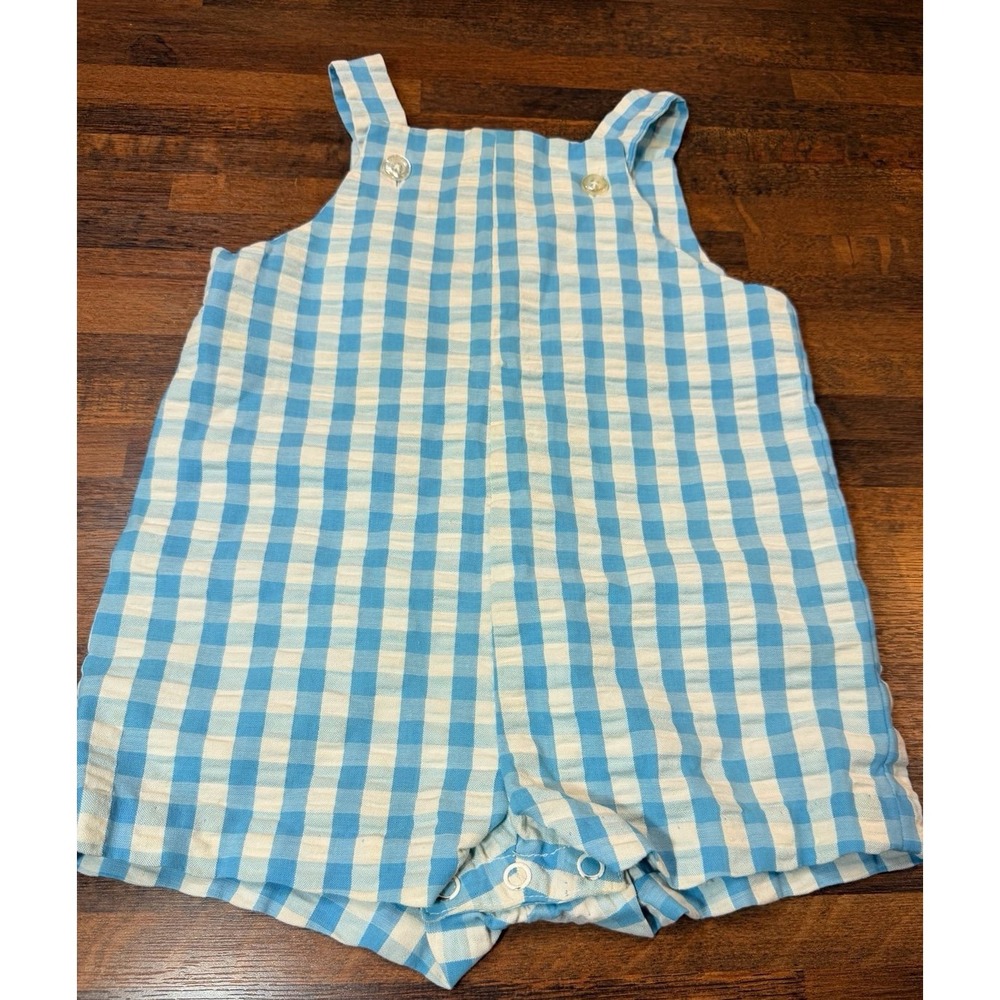 Vintage blue & white gingham seersucker shortall romper size 12/18 months
